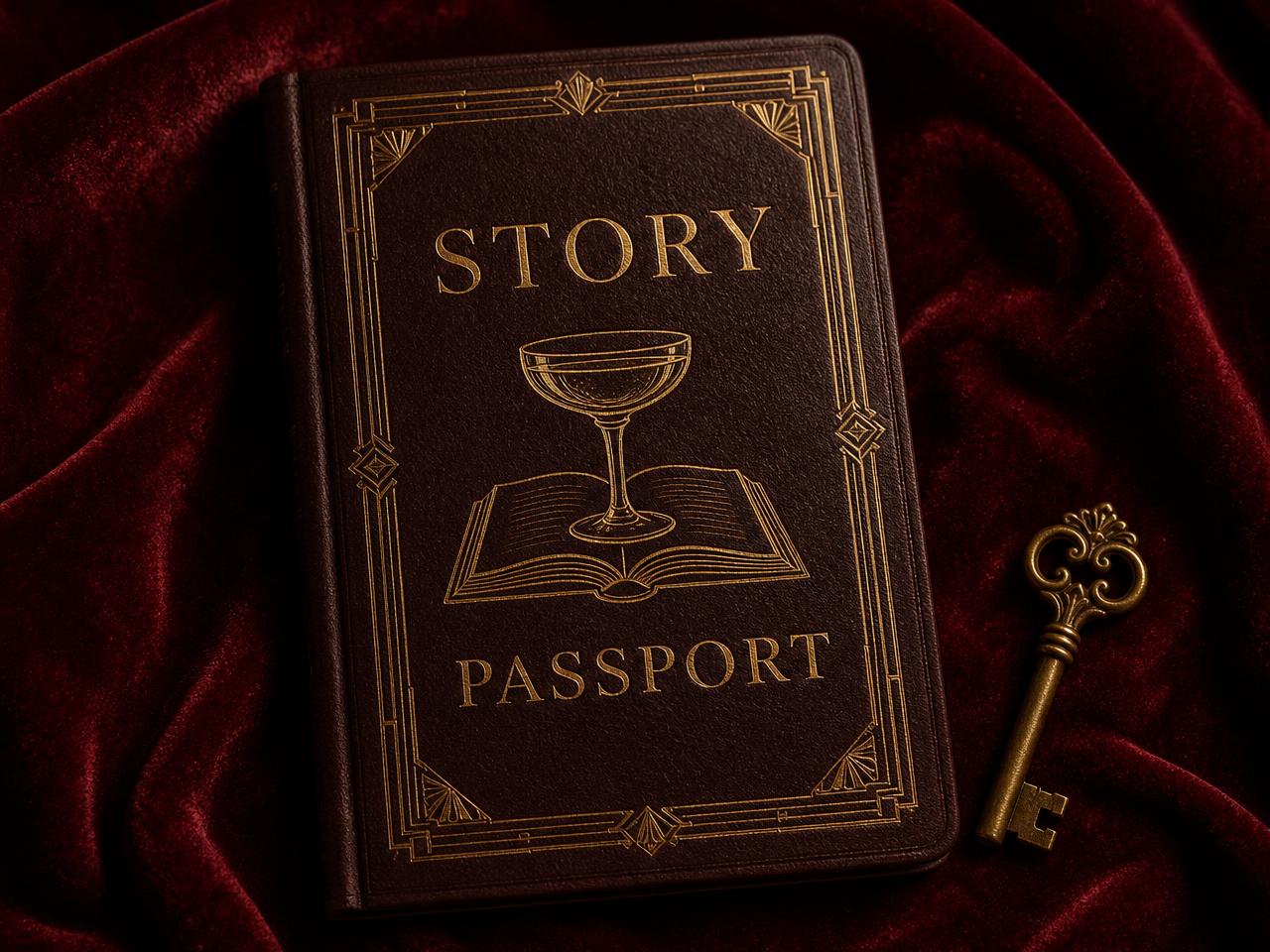 A leather-bound Story Passport embossed with a gold coupe-and-book emblem, beside an antique brass key
